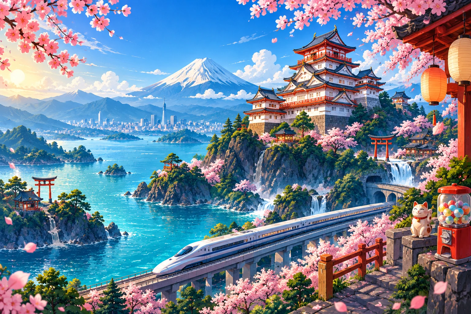 Colorful illustrated Japan scene with Mount Fuji, a castle, Shinkansen, torii gates, sakura, lucky cat, and capsule-toy machine