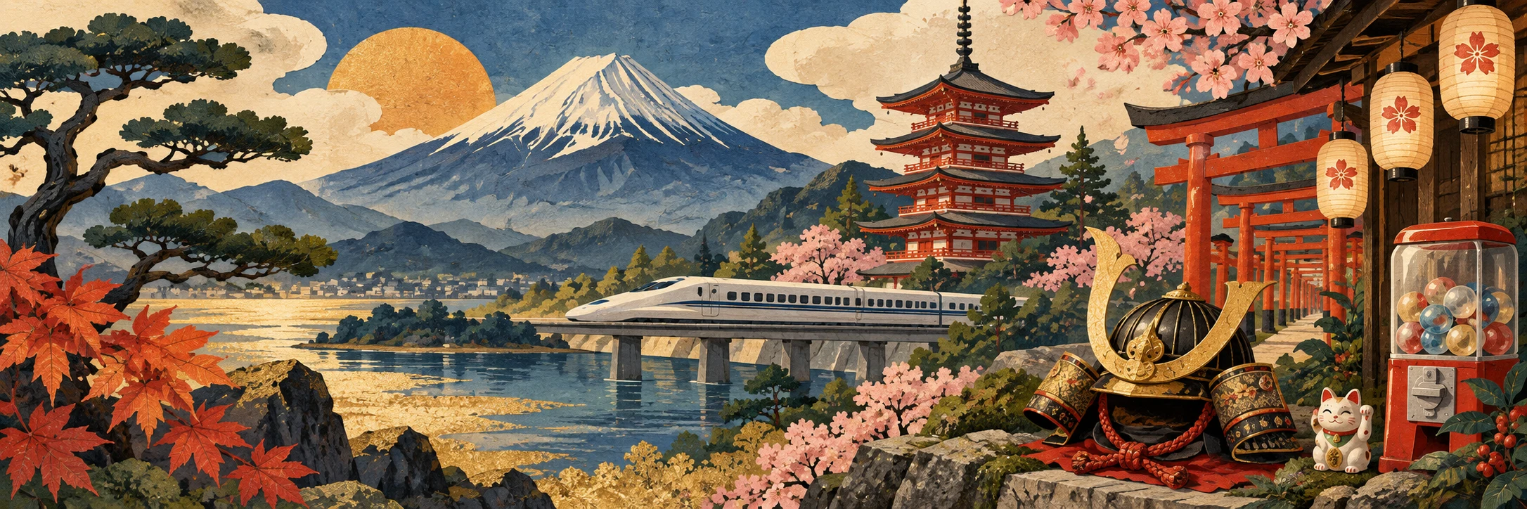 Washi-style Japan collage with Mount Fuji, a pagoda, torii gates, Shinkansen, samurai helmet, capsule toy machine, and lucky cat