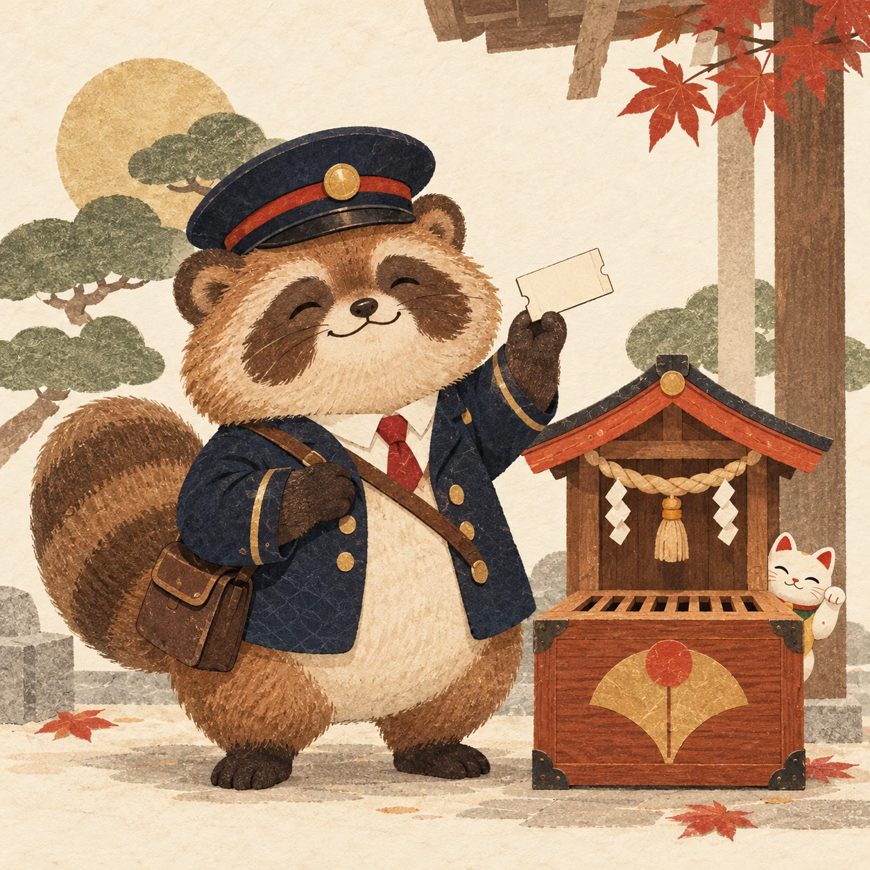 Washi illustration of a cheerful tanuki stationmaster holding a blank ticket beside a shrine fortune box and lucky cat